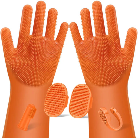 Vibrant orange heavy-duty silicone pet grooming kit with non-slip scrubbing gloves and multi-use massage brushes.
