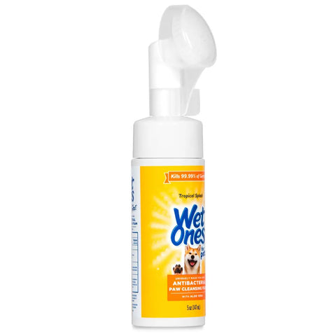 Side profile view of Wet Ones for Pets antibacterial dog paw cleansing foam bottle with brush head applicator.
