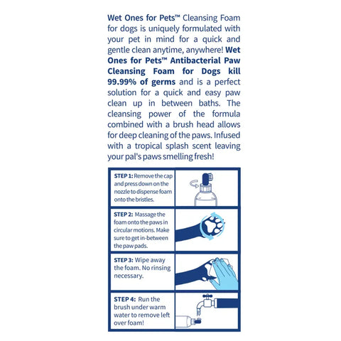 4-step direction guide on how to use Wet Ones for Pets antibacterial paw cleansing foam for dogs.