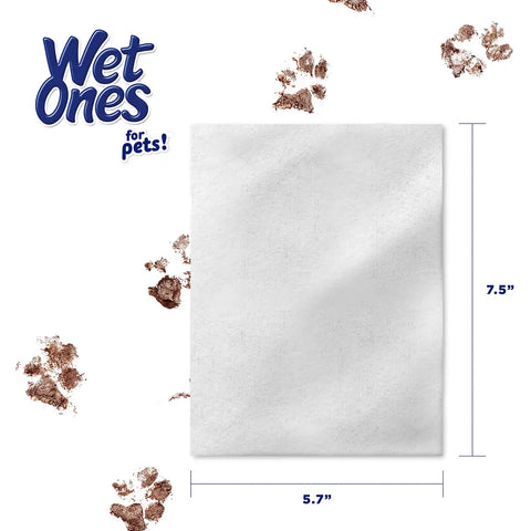 Product dimensions of Wet Ones for pets single wipe measuring 5.7 by 7.5 inches with muddy paw prints