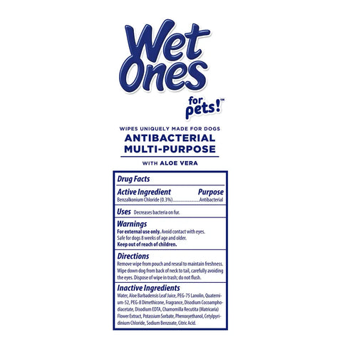 Rear view label of Wet Ones for pets showcasing drug facts directions and inactive ingredients