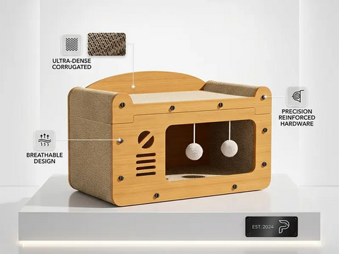 3-in-1 wooden cat scratcher house highlighting ultra-dense corrugated material, breathable design, and precision reinforced hardware.