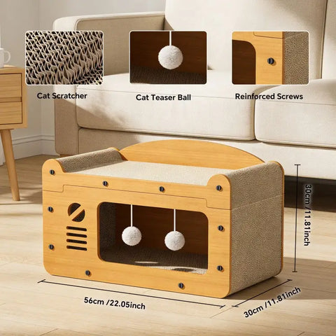 Product dimensions of the wooden radio-style cat scratcher house showing measurements of 56cm by 30cm.