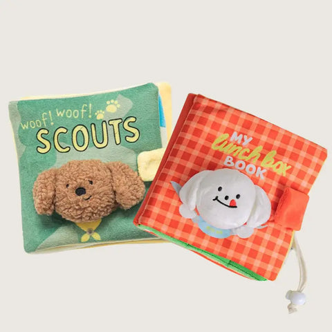 'Woof! Woof! Scouts' interactive pet book with green cover, white background