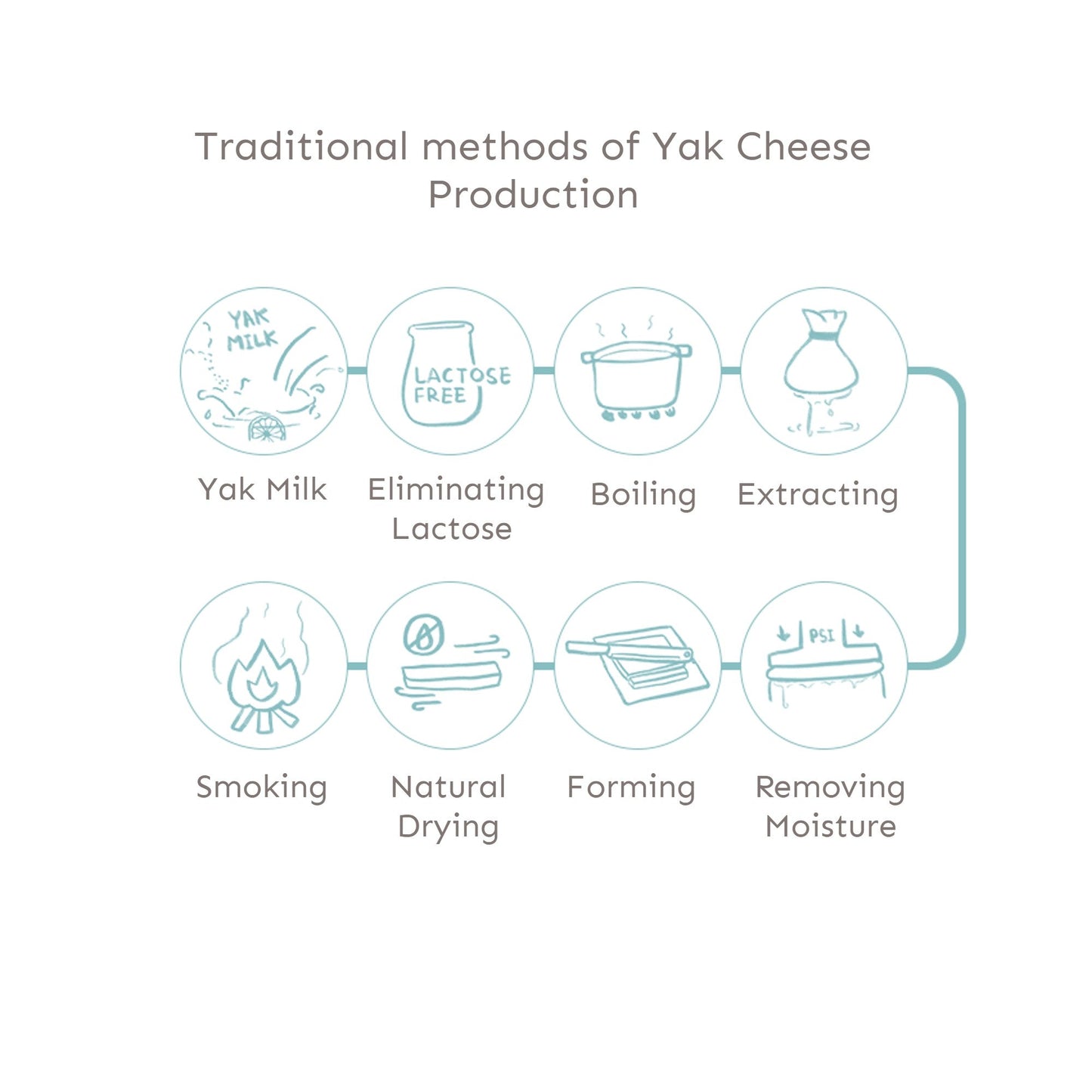 Diagram of traditional methods of yak cheese production on a white background