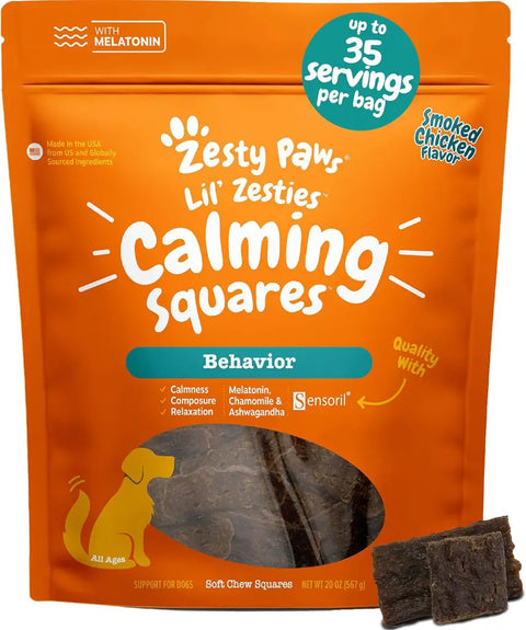 Front view of Zesty Paws Lil' Zesties Calming Squares packaging in smoked chicken flavor, showing a 20 oz bag of soft chew dog supplements with melatonin and ashwagandha.