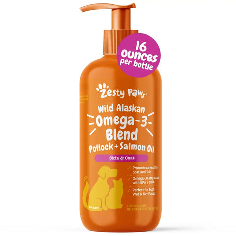 Front view of Zesty Paws Wild Alaskan Omega-3 Blend Pollock and Salmon Oil 16 ounce pump bottle for dog and cat skin and coat support.