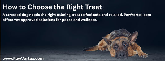 Calm golden retriever lying down with calming dog treats nearby – stress relief supplement visual for dog anxiety blog