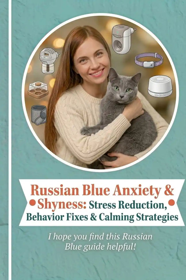 Kathleen and a Russian Blue cat infographic guide for anxiety and stress reduction.