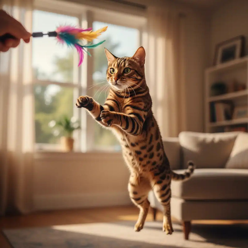 Energetic brown spotted Bengal cat leaping to catch interactive wand toy in bright living room, showcasing athleticism and play behavior