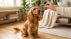 Happy golden cocker spaniel sitting attentively looking at owner's hand holding a training treat during positive reinforcement dog training session in bright living room