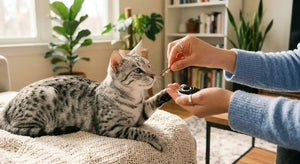 Person using clicker training with spotted Egyptian Mau cat, offering small treat as reward during positive reinforcement session in bright living room