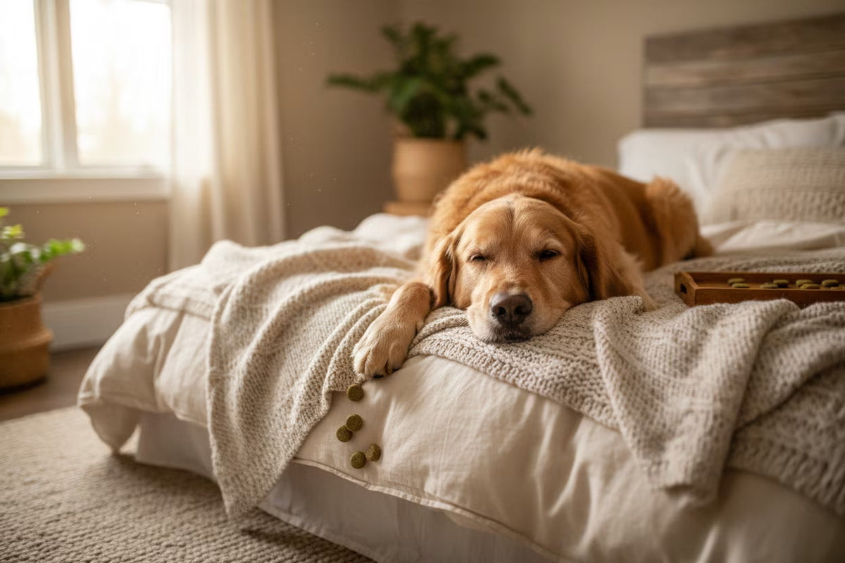 Happy relaxed dog after taking calming treats