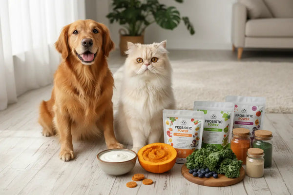 Infographic explaining probiotic benefits for pet gut health: digestive support, immune boost, stress recovery, and nutrient absorption