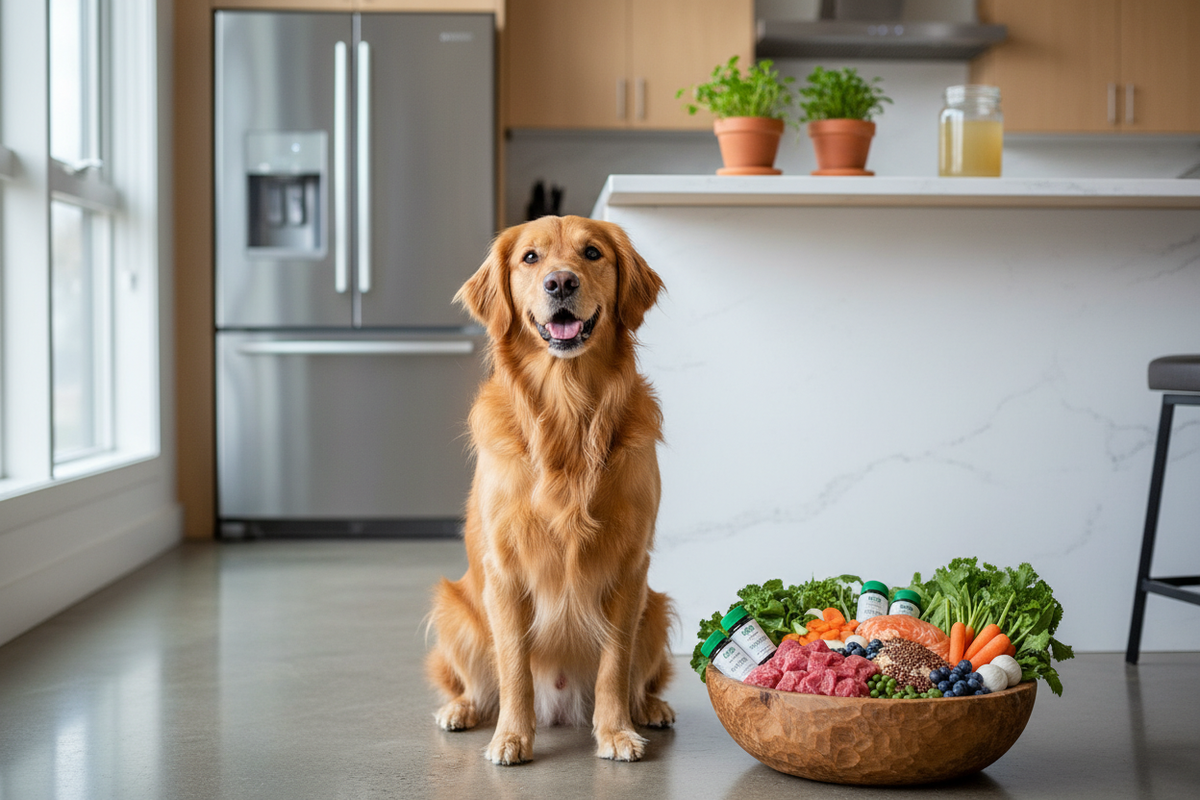 Dog eating raw food diet with fresh meat and vegetables in feeding bowl