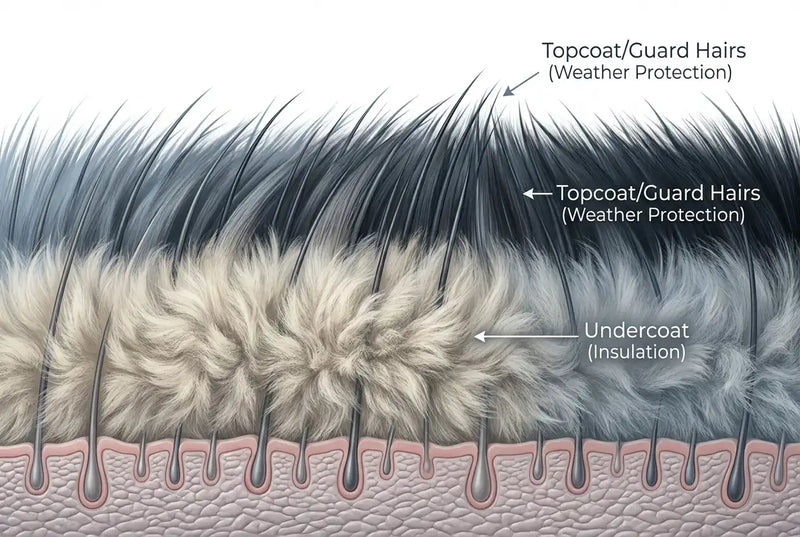 Cross-section illustration showing husky double coat anatomy with soft dense undercoat for insulation and longer protective guard hairs on top