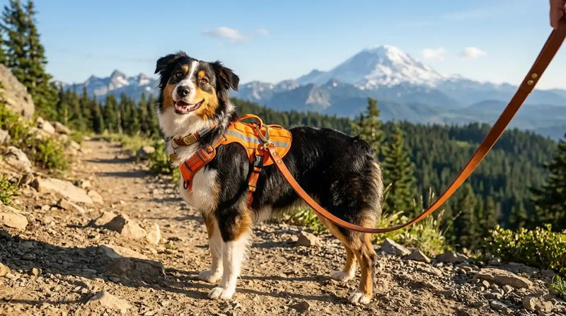 A happy, medium-sized adventure dog with a reflective tactical vest and durable leash, hiking with its owner on a sunny mountain trail in the USA.