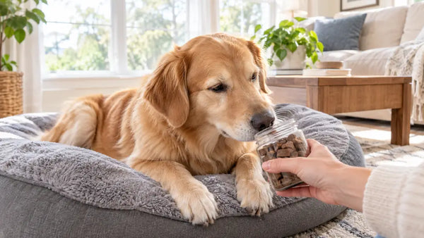 PawVortex 2026 guide to best calming treats for dogs shows a relaxed dog with calming chews in a bright American home