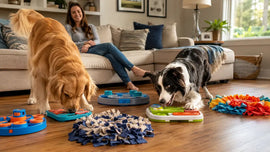 Two dogs playing with best dog puzzle toys 2026 in a bright American living room at PawVortex.