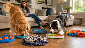 Two dogs playing with best dog puzzle toys 2026 in a bright American living room at PawVortex.