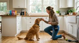  American pet parent rewarding golden dog with a training treat at home in 2026 — Paw Vortex USA training guide 
