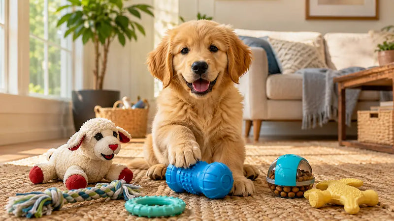 Golden retriever puppy surrounded by safe chew toys in a bright American living room — PawVortex 2026 puppy toy guide for USA pet parents