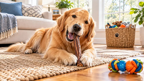 Golden retriever chewing a bully stick in a bright American living room with chew toys nearby, PawVortex guide.