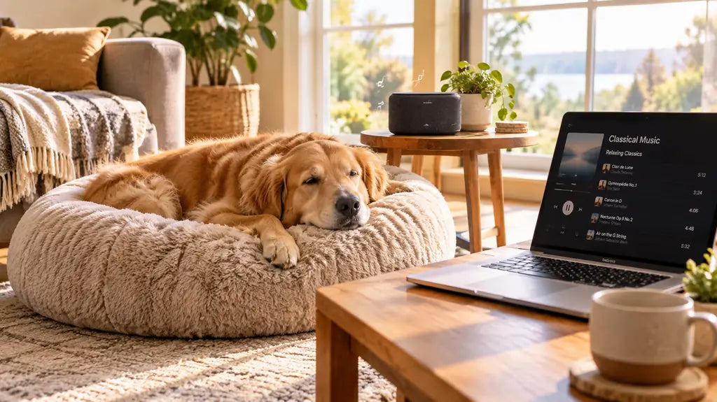 Golden retriever relaxing on a PawVortex calming bed while classical music plays in a sunny USA living room