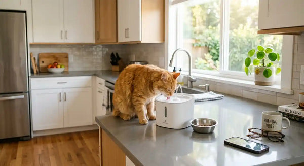 Best cat water fountain 2026 in a bright USA kitchen with orange tabby drinking.