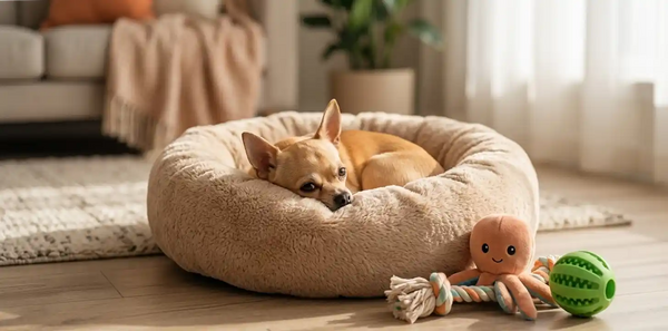 A happy Chihuahua curled up in a cozy plush donut bed with colorful durable dog toys arranged beside it on a light wood floor in a modern American living room, showcasing Paw Vortex's recommended small breed comfort and enrichment essentials.