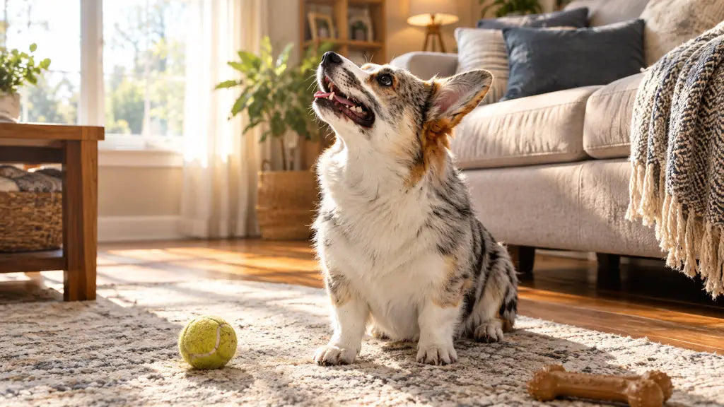 A happy cowboy corgi sitting on a rug in a sunny American living room with toys nearby — PawVortex guide.