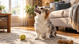 A happy cowboy corgi sitting on a rug in a sunny American living room with toys nearby — PawVortex guide.