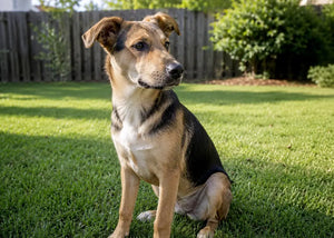 Adolescent dog looking distracted in sunny backyard during teenage phase