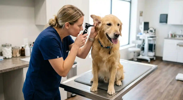 Golden retriever receiving annual wellness exam from veterinarian at clinic