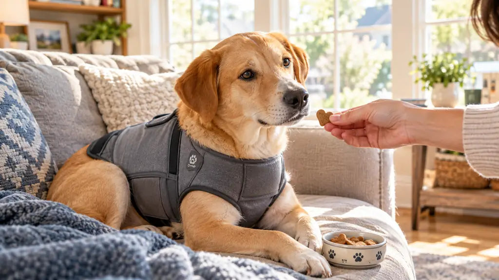 Anxious dog wearing PawVortex anxiety jacket next to calming treats in a USA home setting