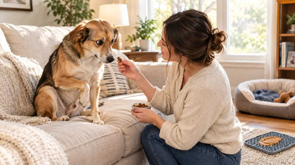 Woman comforting anxious dog showing signs of anxiety in a bright USA living room