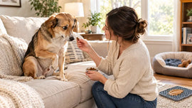 Woman comforting anxious dog showing signs of anxiety in a bright USA living room