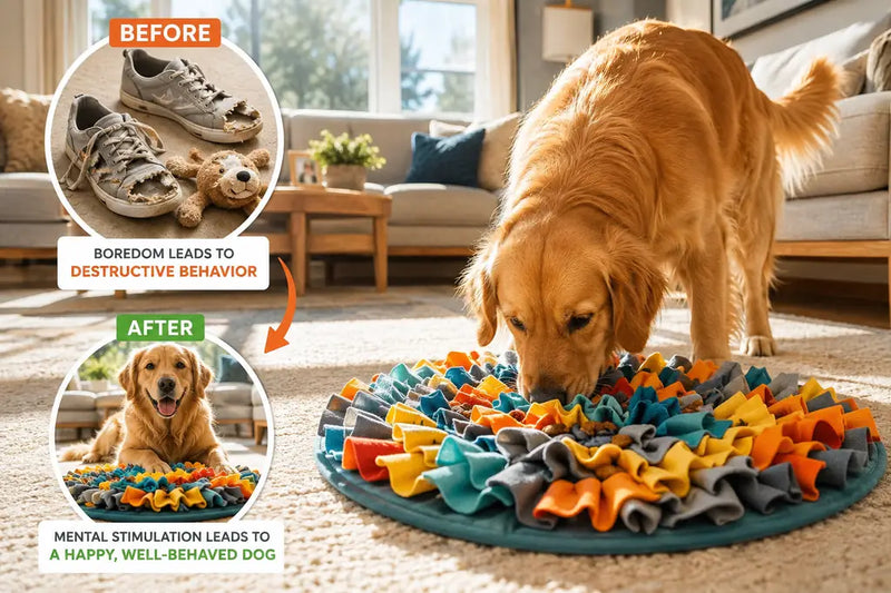 Happy Golden Retriever enjoying a snuffle mat for dog enrichment activities in a bright American living room.