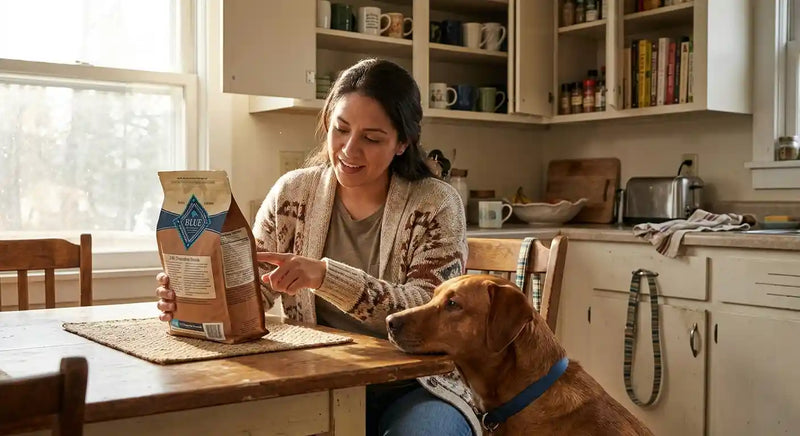 Woman reading dog food ingredient label with her dog at kitchen table, PawVortex USA guide 2026.
