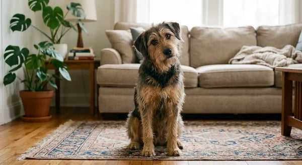 Dog tilting head while sitting indoors, curious expression