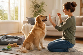 Golden retriever learning a command with positive reinforcement in a living room.