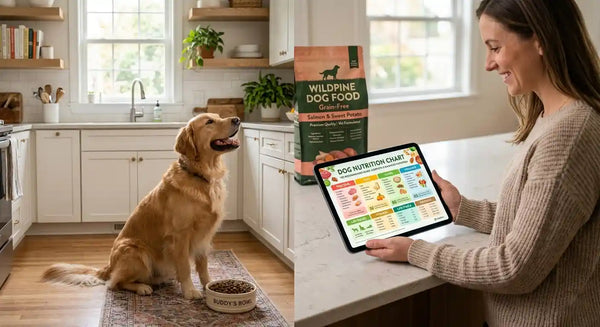 Paw Vortex complete dog nutrition guide hero image — happy golden retriever and feeding supplies in a sunny American kitchen.