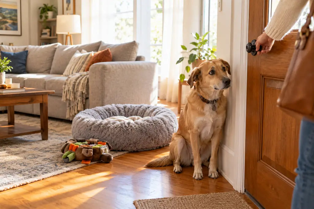 Anxious rescue dog watching owner leave through front door in a bright American living room — PawVortex USA