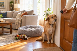 Anxious rescue dog watching owner leave through front door in a bright American living room — PawVortex USA