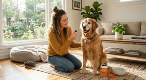 Pet owner giving a golden retriever a dog multivitamin soft chew in a sunny living room.