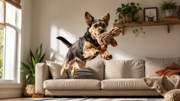 Happy mixed-breed rescue dog leaping in the air to catch a plush toy indoors in a bright, modern American living room from PawVortex.