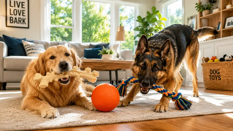 Best Dog Toys for Large Breeds 2026 – Hero image with two happy large dogs playing with durable toys in a sunlit home.