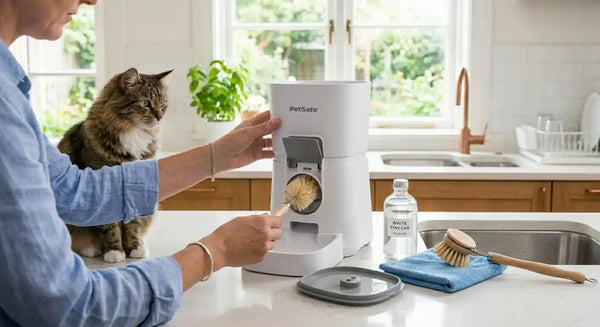 American pet owner cleaning automatic pet feeder at kitchen sink with vinegar and brush — PawVortex pet feeder cleaning guide