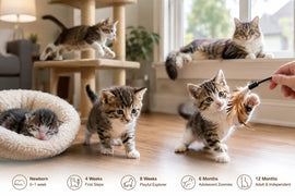 Kitten development stages from newborn to adult cat in a bright living room