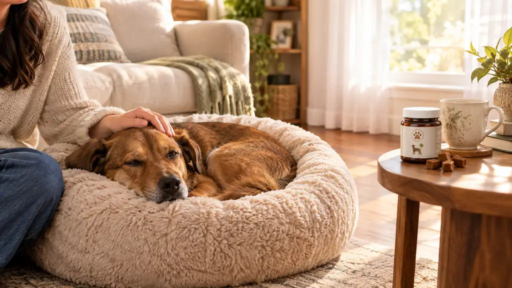 Relaxed dog resting on a calming bed in a sunny USA living room — PawVortex natural calming remedies guide